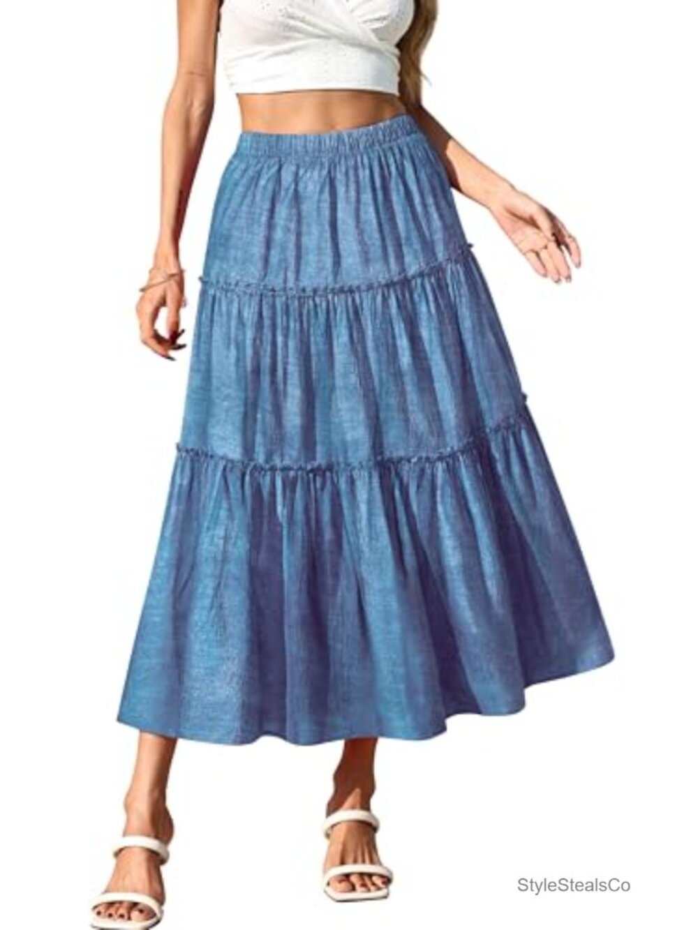 Women's Bohe Flared Ruffle Midi Skirt A-Line Cotton Polyester